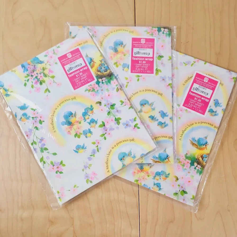 3 x Vtg 80s American Greetings Gift Wrapping Paper Mothers Day Flower Bluebirds